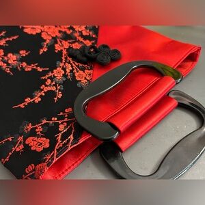 Red and Black Floral Satin Handbag with Black Handles